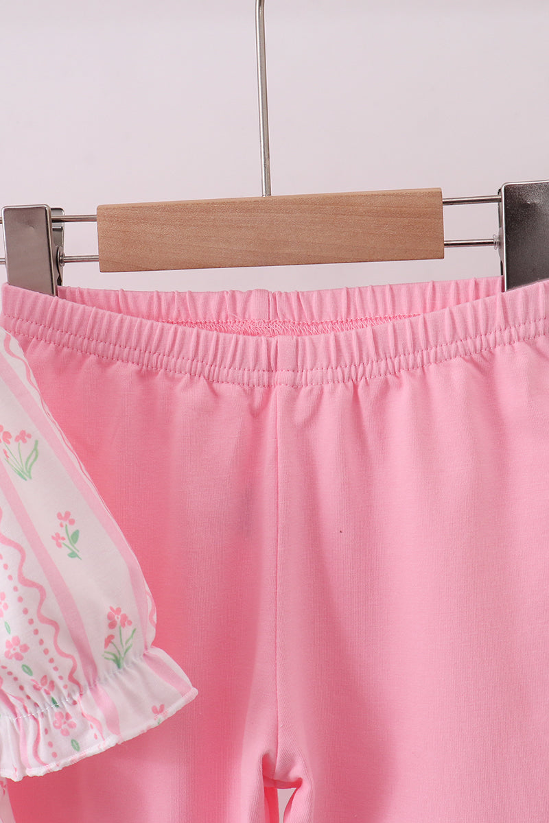 Pink floral bow smocked ruffle pants set