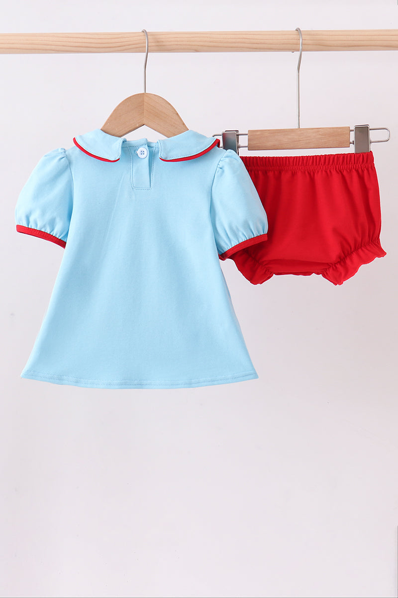 Blue character embroidery bloomer set