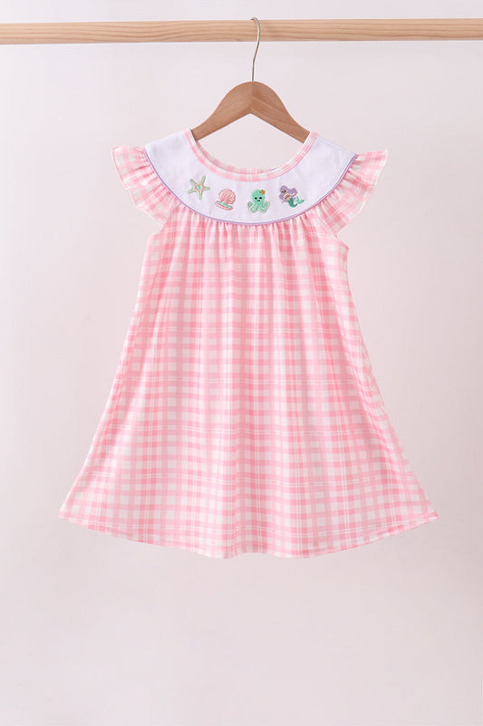 Pink octopus starfish embroidery plaid ruffle dress