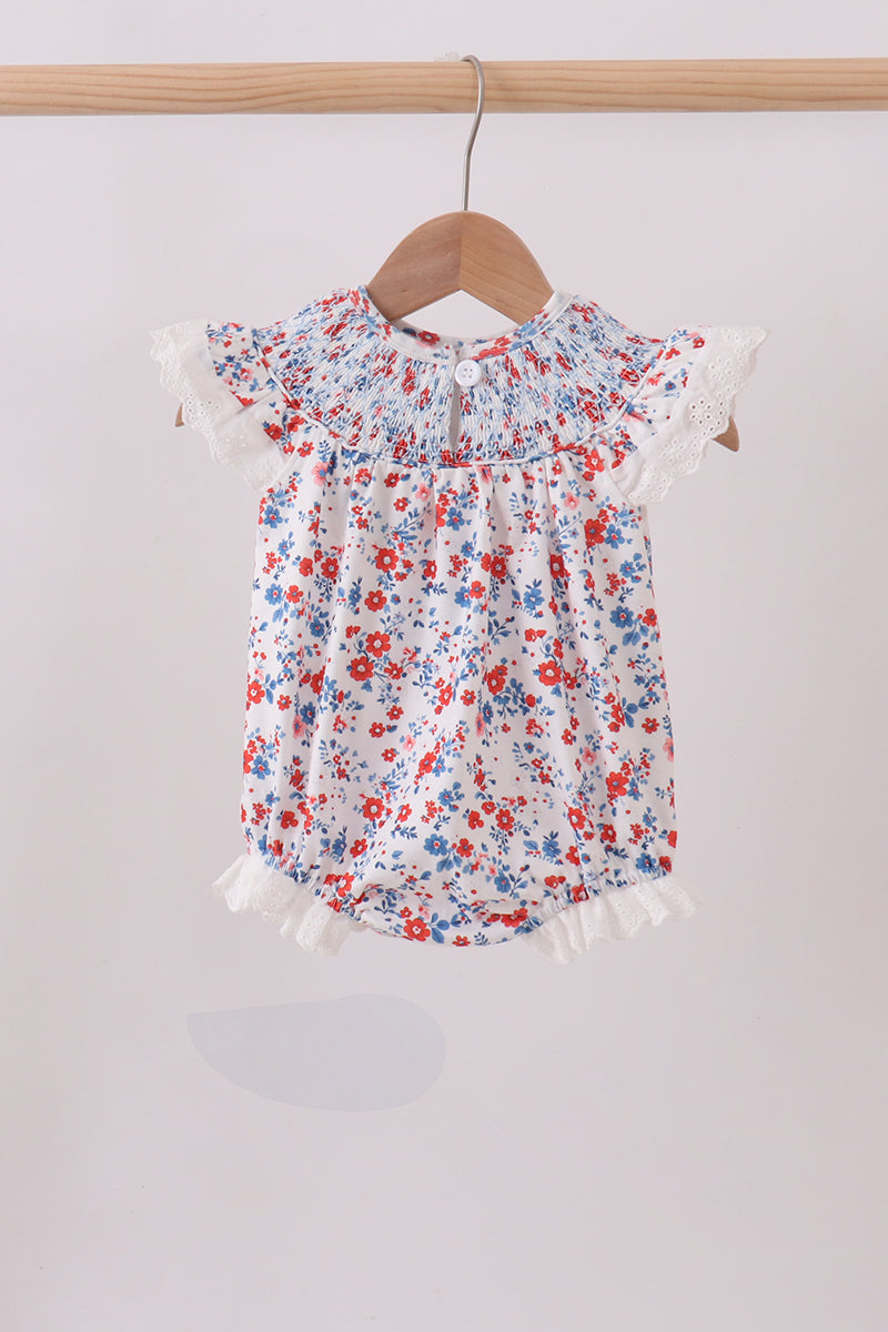 Blue floral lace smocked bubble