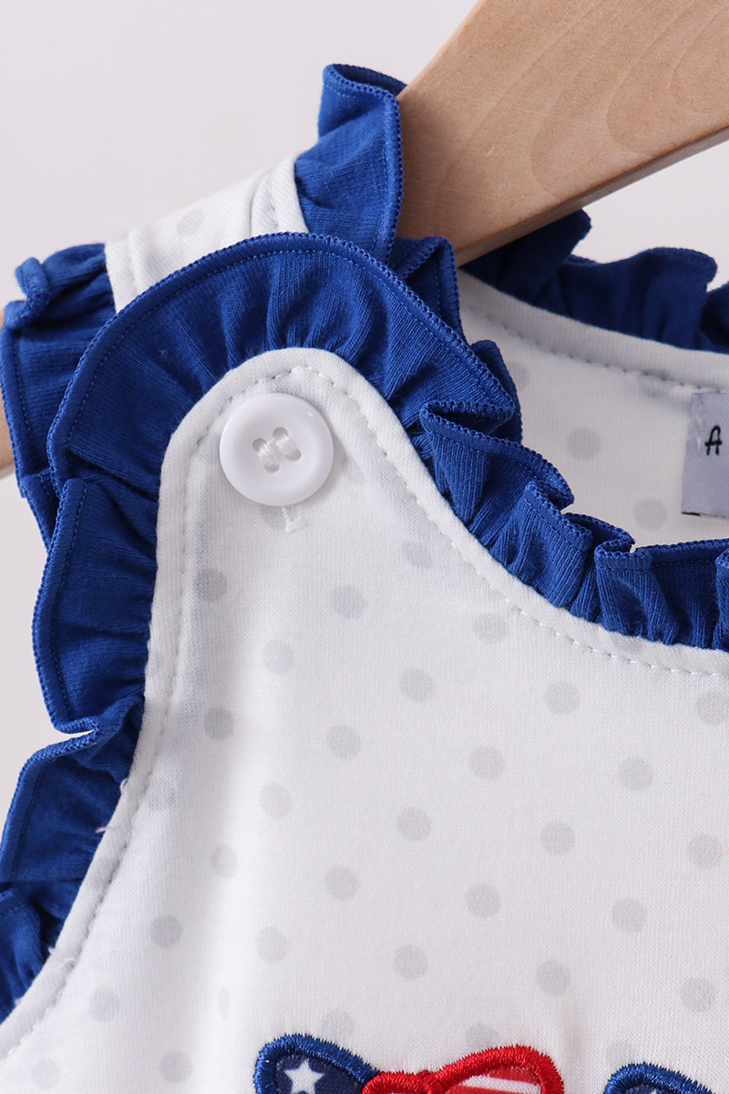 Navy bow applique ruffle bubble