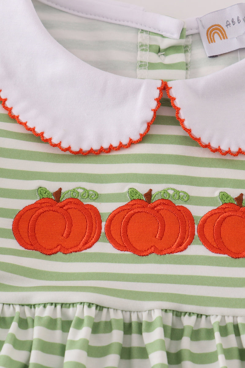 Green stripe embroidery dress
