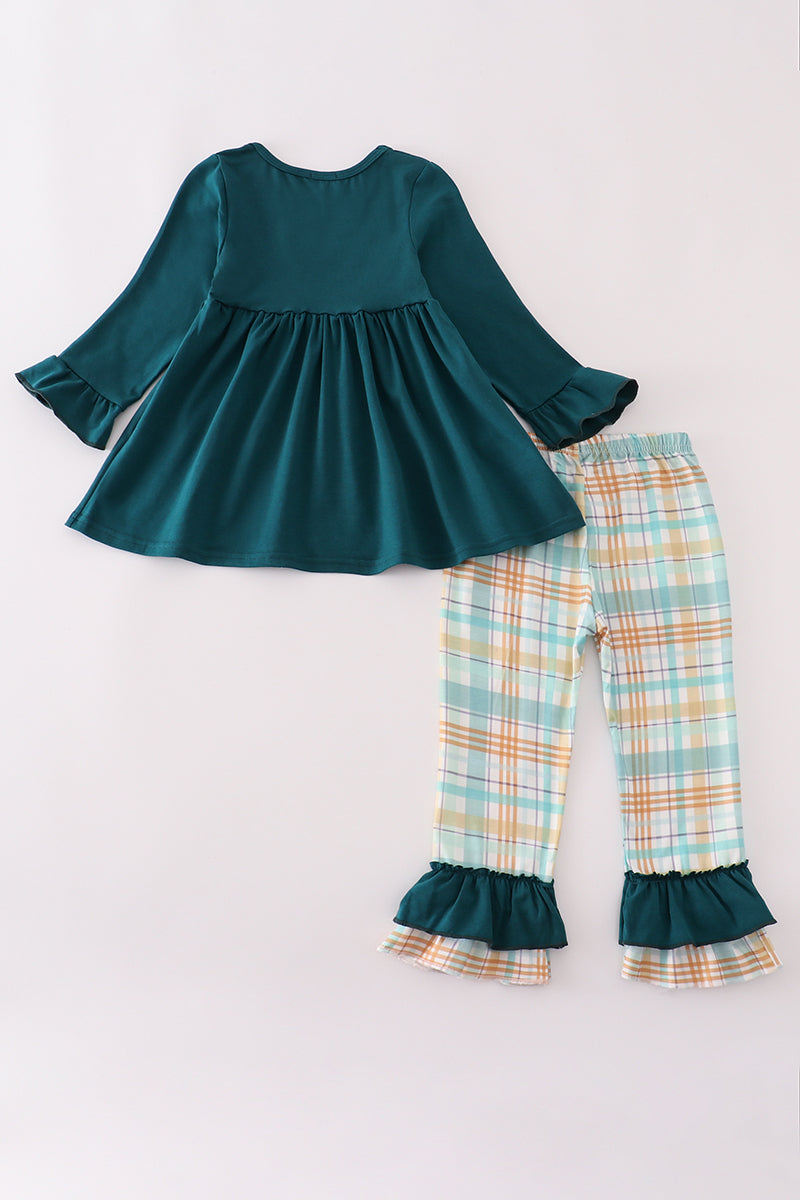 Blue dinosaur embroidery plaid ruffle pants set