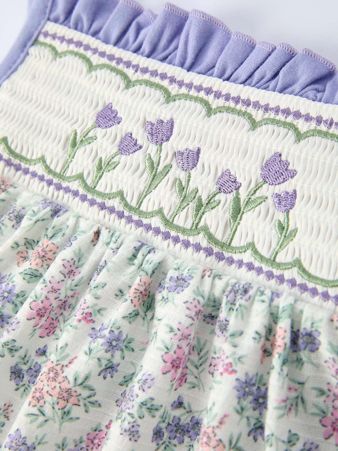 Spring Purple Floral Embroidered Smocked Bow Girl Dress