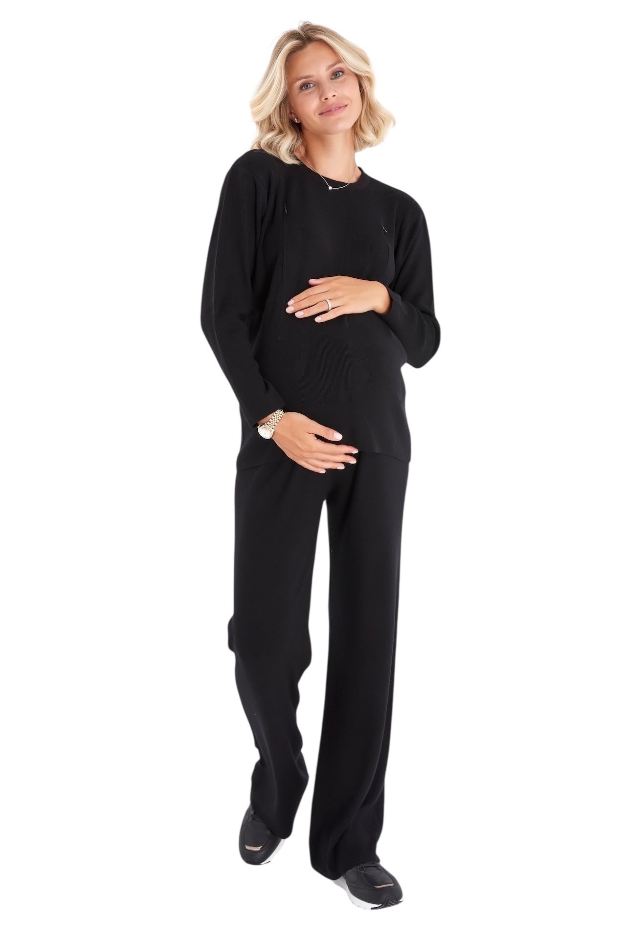 Effortless Elegance Set with Rib Side Zip Long Sleeve Maternity/Nursing Top & Lounge Pants