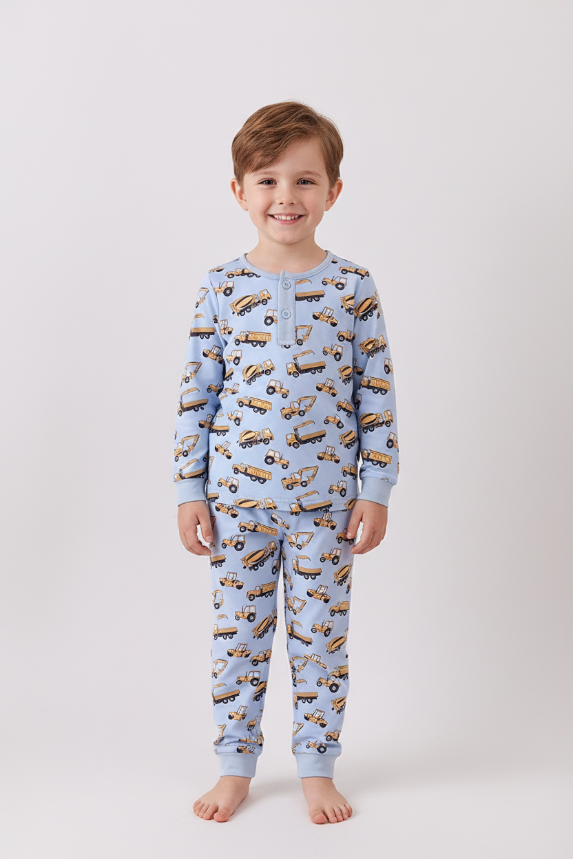 Premium blue excavator print bamboo pants set