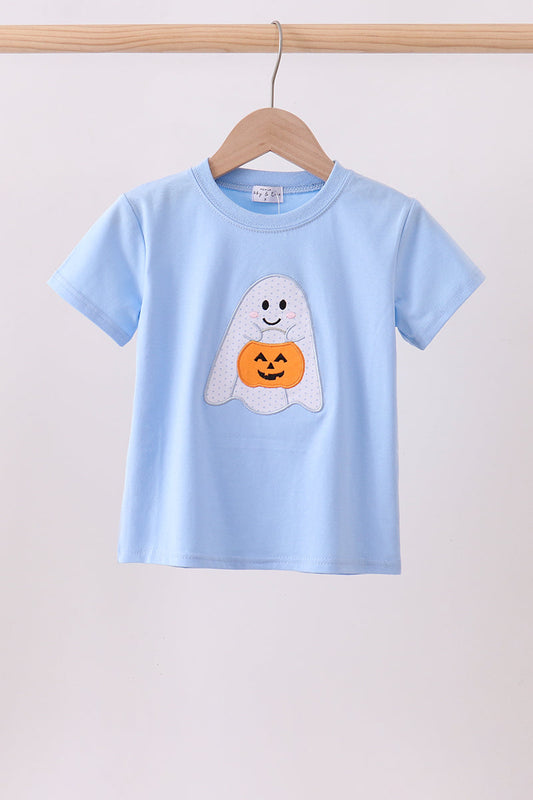 Blue ghost pumpkin embroidery top