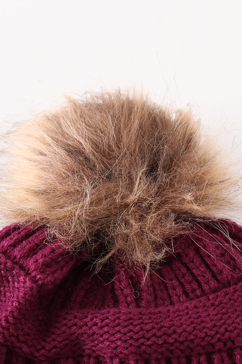 Violet pompom cable beanie hat