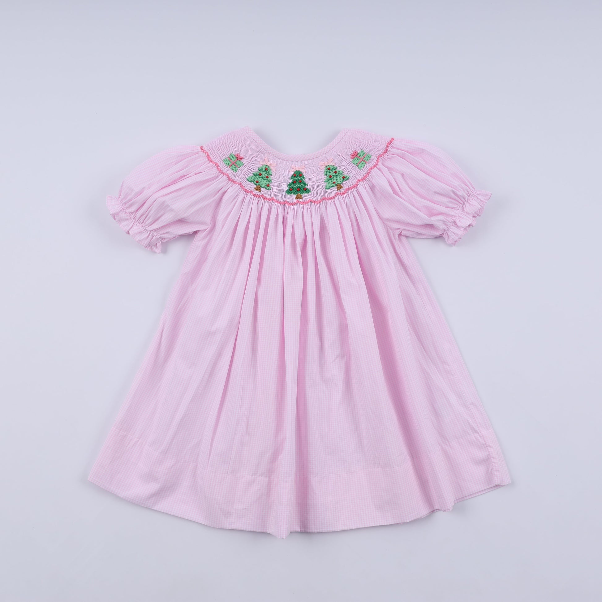 Pink christmas tree hand smocked dress – Bella & Beau Baby Boutique