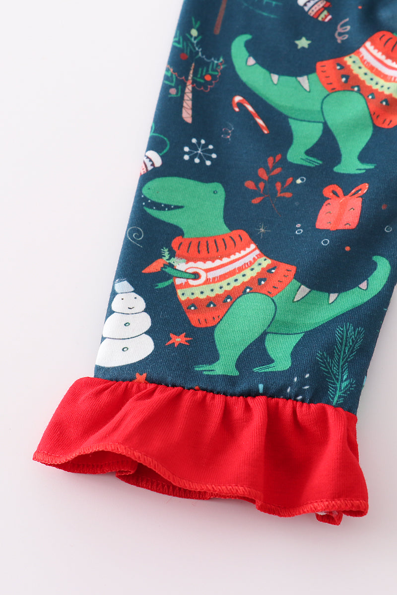 Green dinosaur print ruffle pants set