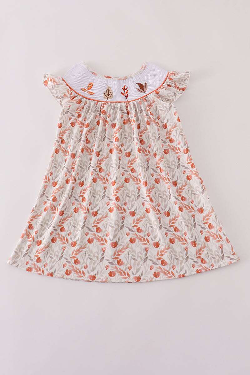Fall leaves embroidery smocked ruffle dress