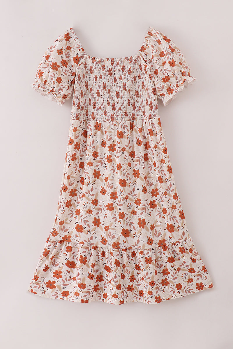 Fall floral print smocked mom dress