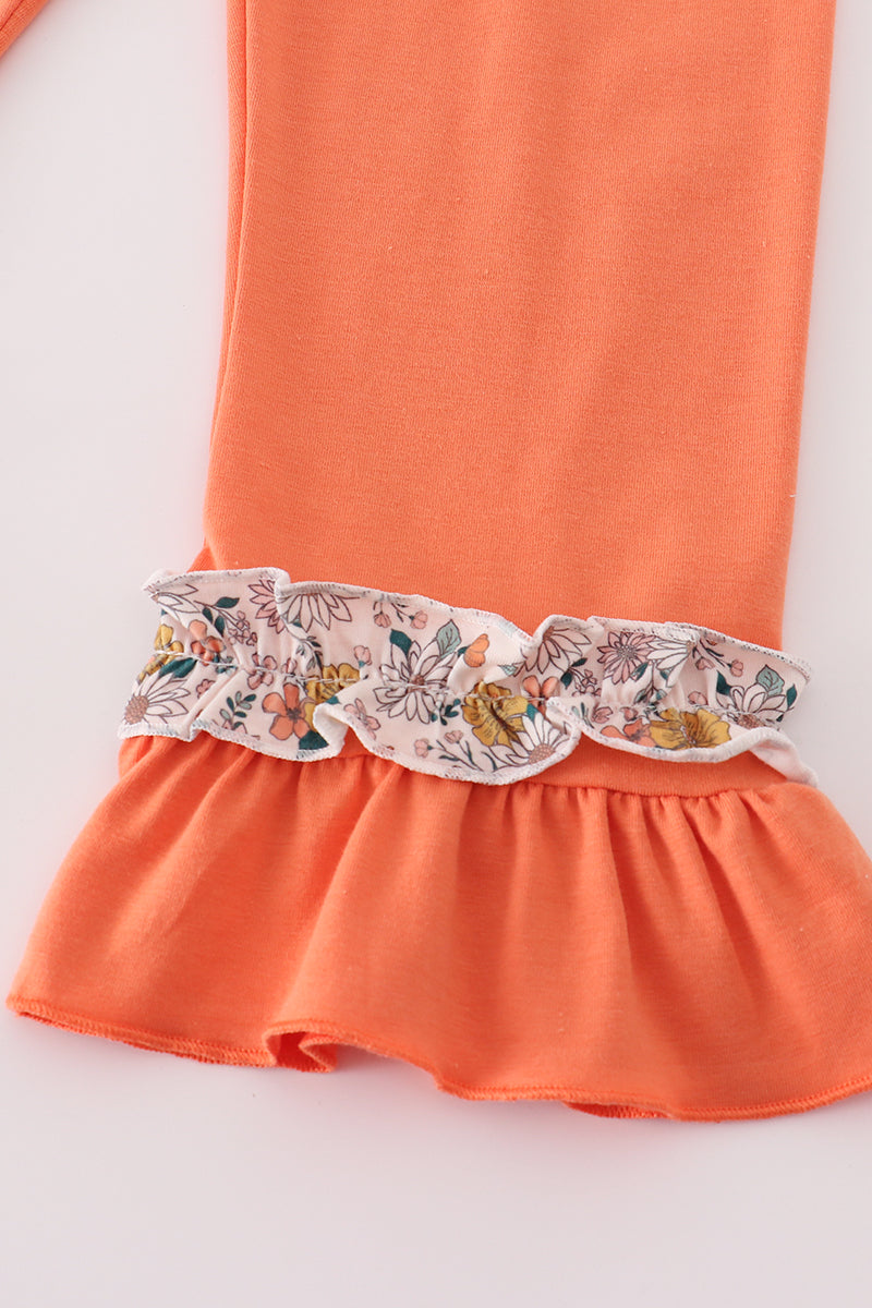 Floral embroidery smocked ruffle pants set