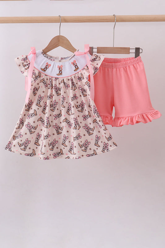 Western cowboy boots smocked ruffle shorts set