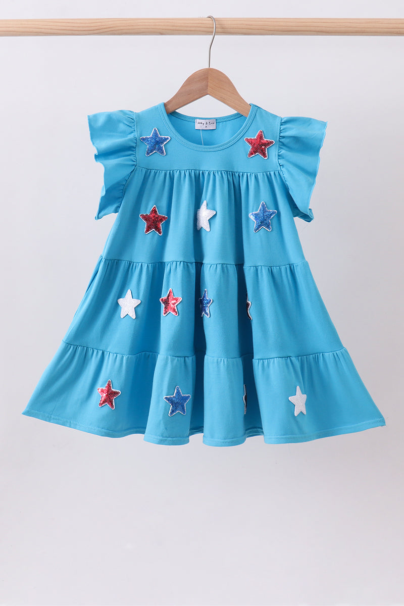 Blue star sequin tiered ruffle dress
