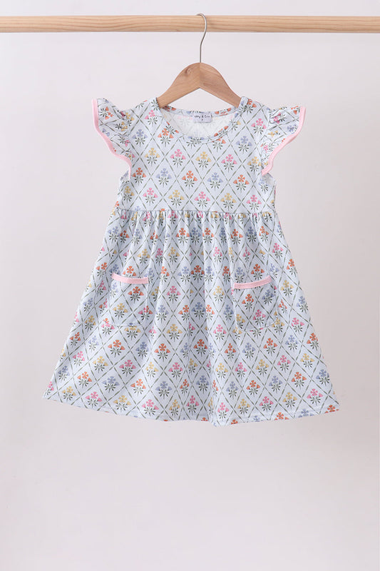 Blue floral print ruffle dress