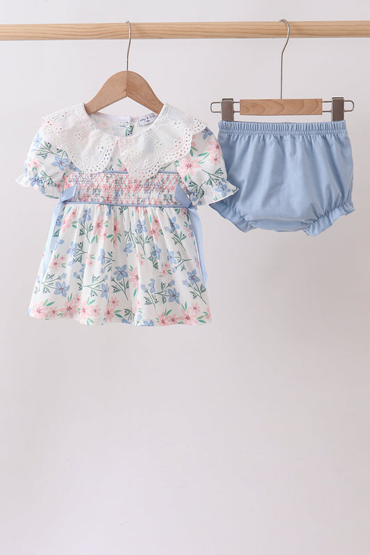 Blue Floral Smocked Ruffle Bloomer Set