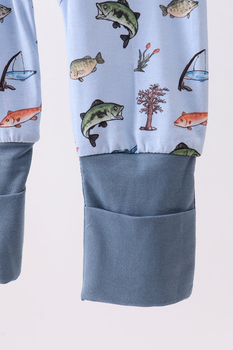 Green fish print bamboo romper