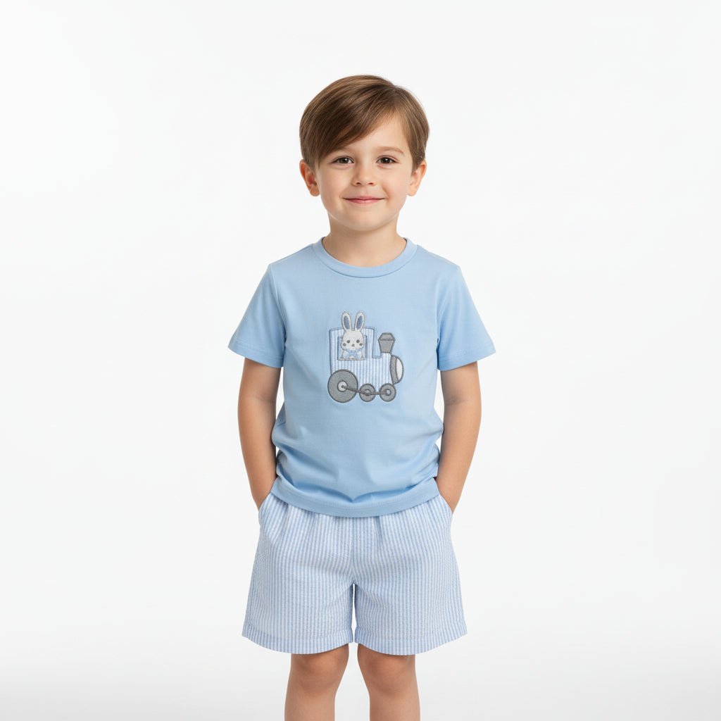 Blue Easter Train T-Shirt and Seersucker Shorts Set
