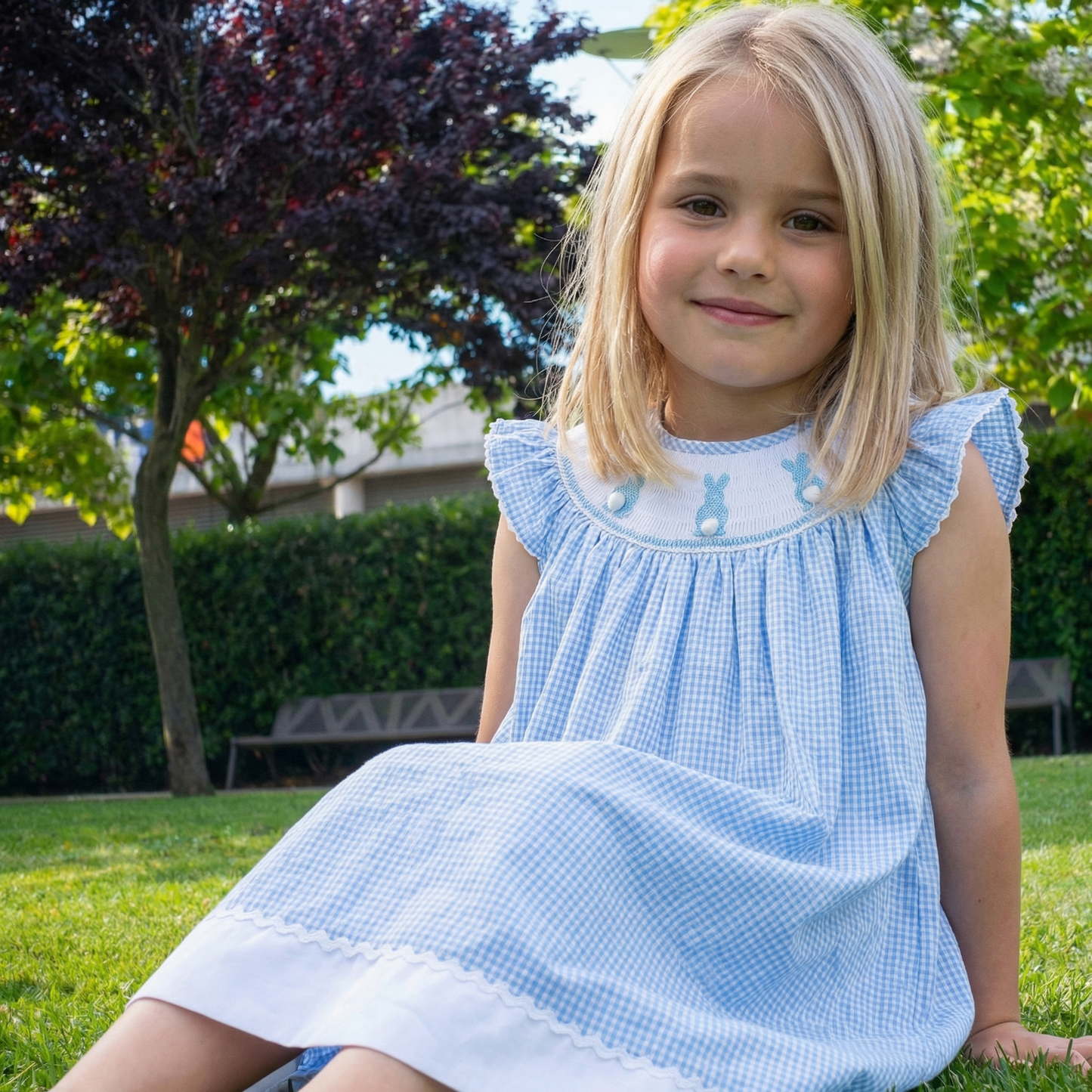 Blue Gingham Easter Bunny Smocked Bishop Dress
