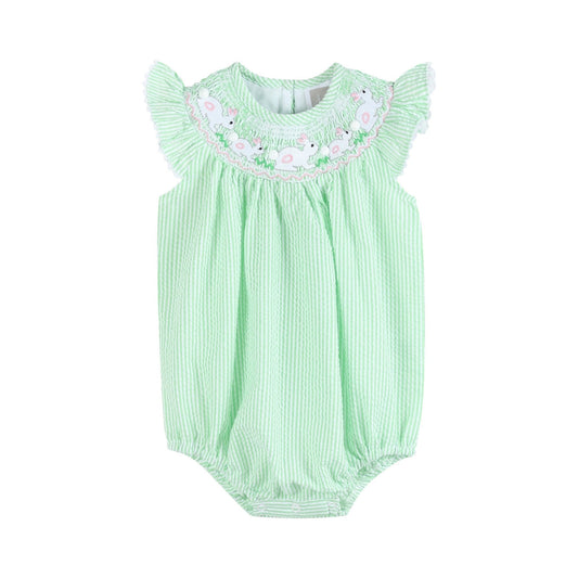 Green Seersucker Easter Bunny Smocked Flutter Romper