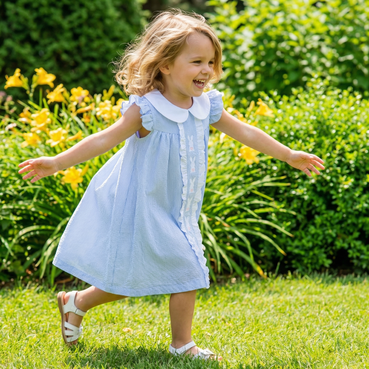 Light Blue Easter Bunny Ruffle Yoke Dress