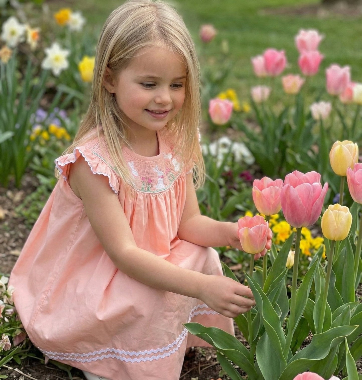 Light Pink Easter Bunny Smocked Bishop Dress